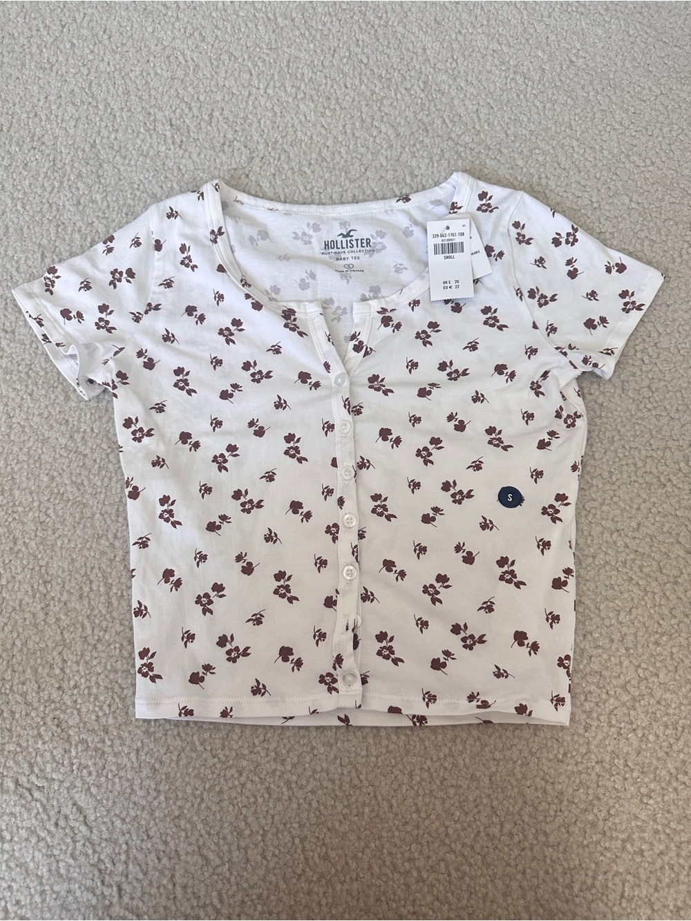 NWT Hollister White Short-Sleeve Button Crop Top with Brown Floral Print Size S